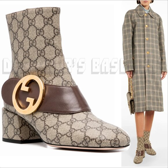GUCCI 41 beige GG Supreme canvas BLONDIE brown Leather gold GG logo ankle Boots - Picture 1 of 10